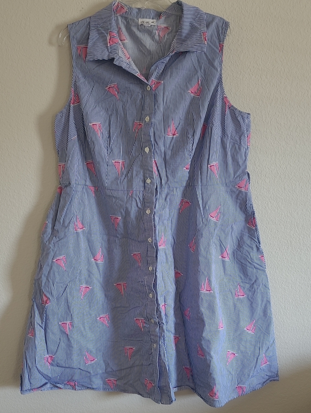 Chloe + Rene Sleeveless Button-Front Striped Shirt Dress Pink Sailboat Print 2X